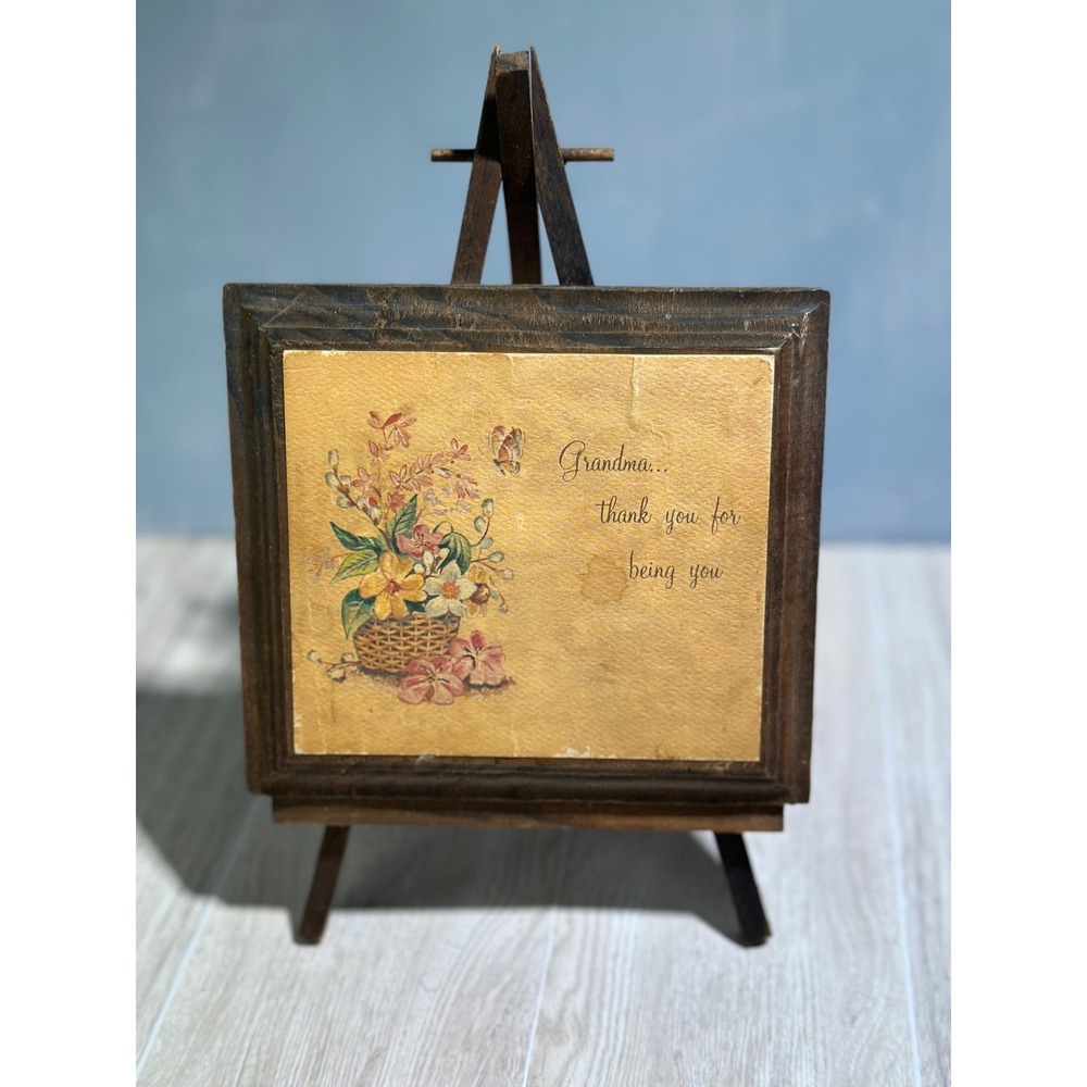 Vintage Grandma Thank You Framed Art Easel Wood Floral Butterfly Sentiment